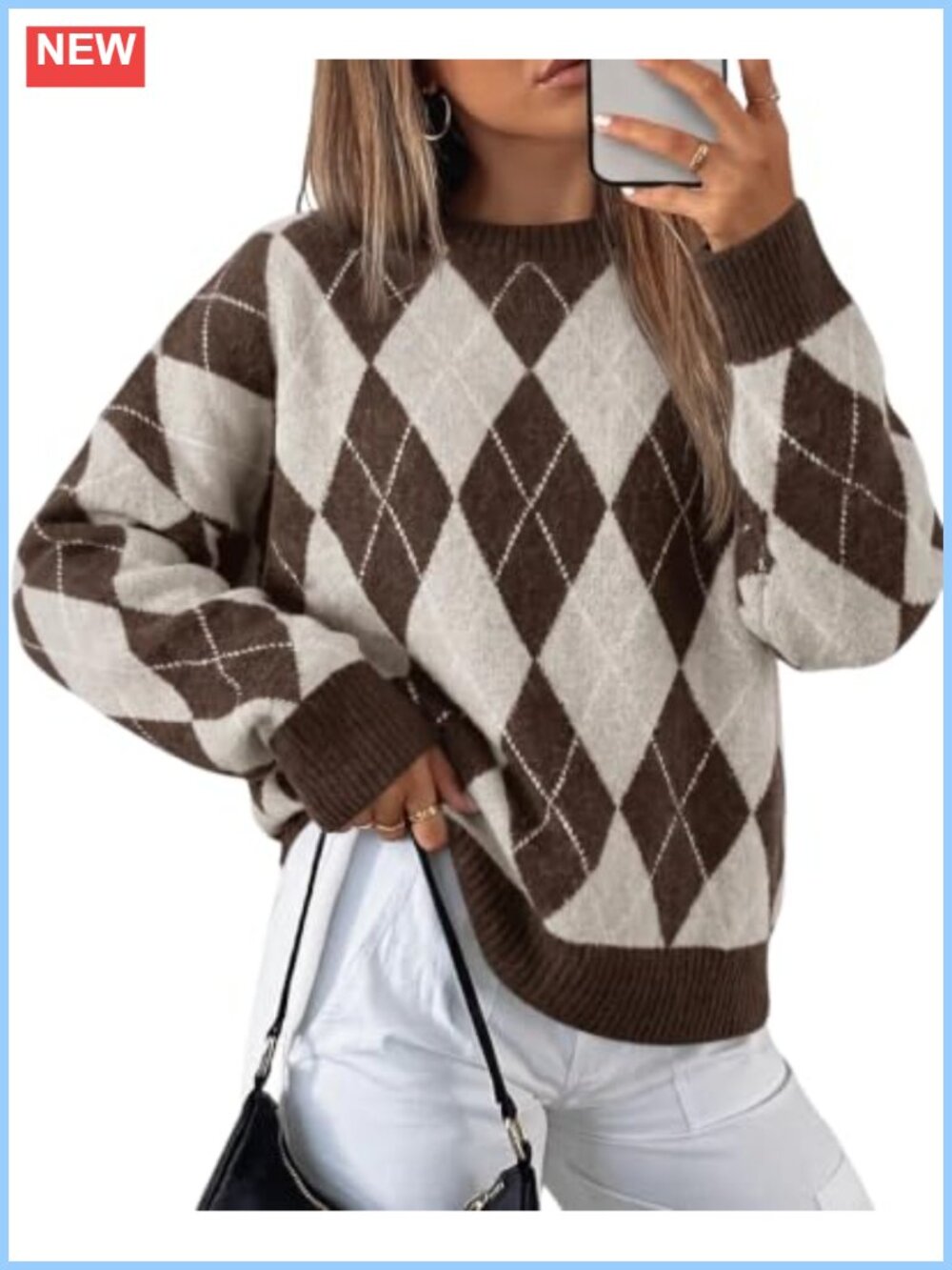 Oversized Argyle Plaid Knit Pullover Sweater Lightweight Long Sleeve Crew Neck
